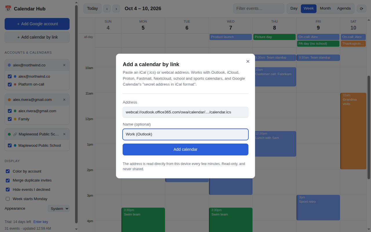 Adding a calendar by its iCal link
