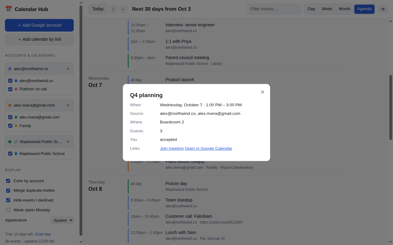 Agenda view with event details from two accounts