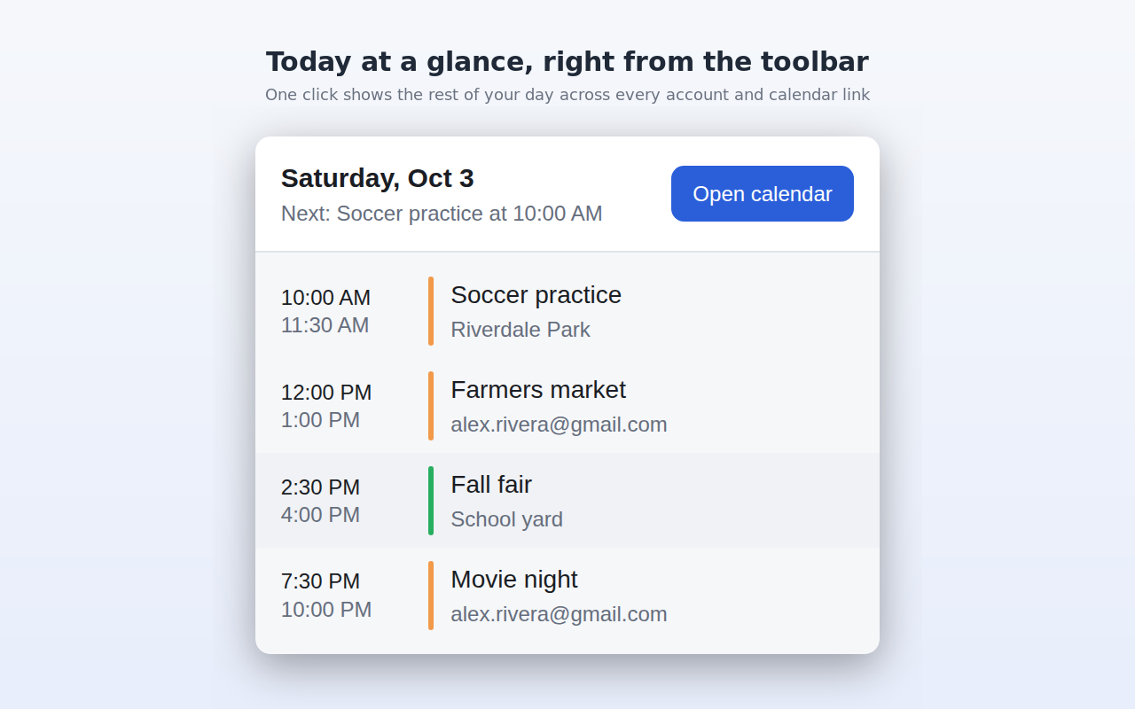 Browser extension popup showing today's events